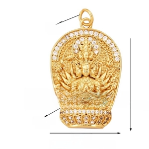 Detailed view of Buddha pendant in gold finish with micro-pave crystals and dimensions