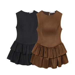 Robe Mini Sans Manches Daim Volants Étages Col Rond Fermeture Éclair Mode Décontracté Couleur Unie Pour Femmes