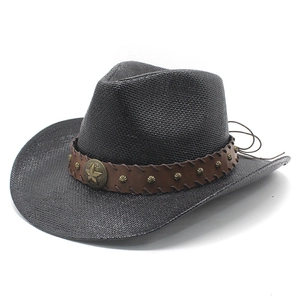 Western Cowboy Hat Retro Straw Woven Wide Brim Sun Protection With Faux Leather Band Metal Star Badge Rivets