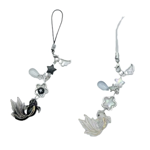 Handmade Chinese style Koi and star beaded phone charms in black and white colors