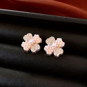 Flower Stud Earrings With Imitation Artificial Pearl Cubic Zirconia Gold Plated Copper And Silver Earring Post Vintage Elegant Women