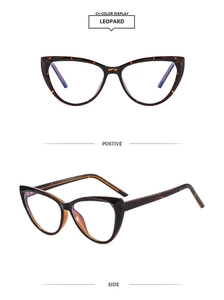 Vista frontale e laterale della montatura occhi di gatto TR90 leopardata anti-luce blu