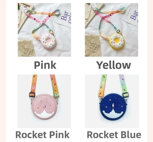 Detail view of colorful silicone donut and rocket shaped crossbody bags for kids