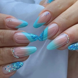 Lake Blue Gradient Almond Press On Nails Glitter Rhinestone French Style Artificial Nails For Women Daily Wear