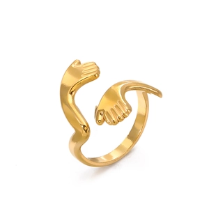 Minimalist 18k gold plated stainless steel open ring featuring a creative hugging hands design