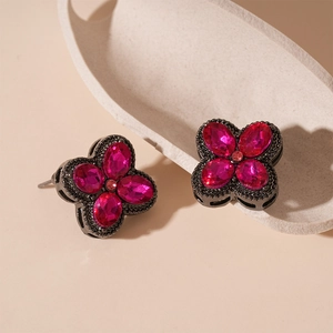 Retro Flower Stud Earrings Alloy Rhinestone With Silver Earring Post Magenta Rose Red Crystal Luxury Style For Women