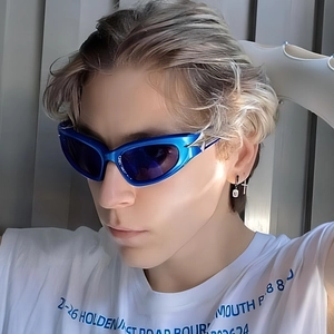 Futuristic blue metallic wrap-around sunglasses with star detail for outdoor activities
