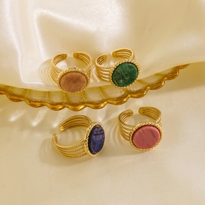 Adjustable Open Ring Stainless Steel 14K Gold Plated Natural Stone Retro Exquisite Geometric Jewelry For Women
