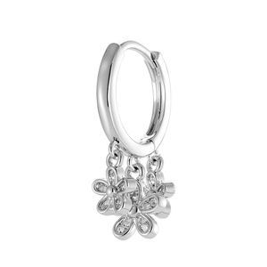 Elegant silver flower hoop earring with sparkling zircon tassels on white background