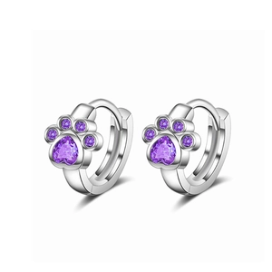 S925 silver hoop earrings with purple zircon cat paw and heart gemstone design