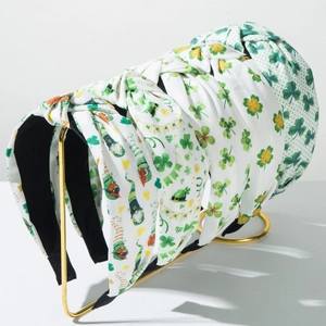Knotted St. Patrick's Day headbands with clover, gnome, and polka dot patterns