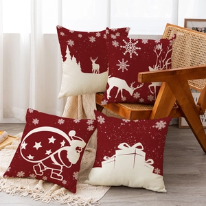 Set of 4 Christmas linen throw pillow covers with reindeer and Santa designs for sofa