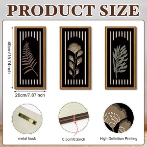 Three-piece botanical wood wall art set with HD printing and metal hooks, 40x20cm