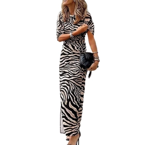 Slim fit zebra print maxi dress with side split design in soft brushed milk silk fabric