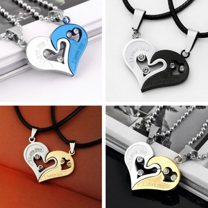 Heart Puzzle Necklace Alloy Rhinestone I Love You Engraved Couples Matching Jewelry Accessory