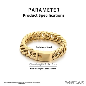 Detailed specs of 15mm gold Cuban link chain with fold-over clasp and dimensions
