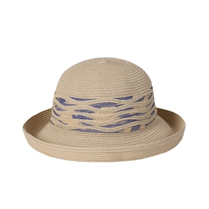 Chapeau de soleil pliable en paille pour femme avec ruban ondulé bleu marine et large bord