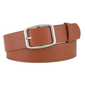 Brown leather belt with silver square buckle and contrast stitching on white background