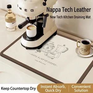 Absorbent leather coffee machine mat with hand-drawn illustrations and brown trim
