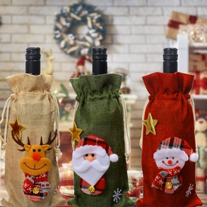Christmas Burlap Wine Bottle Cover Santa Snowman Reindeer Drawstring Wine Gift Bags For Christmas Party Table Decorations