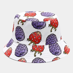 Close-up of white bucket hat with watercolor strawberry and mulberry fruit print detail