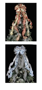 Close-up of Christmas bow toppers with red truck and reindeer patterns on a frosted tree