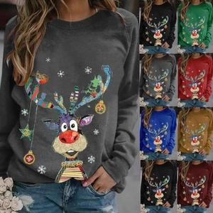 Women's Casual Christmas Reindeer Print Long Sleeve Crew Neck Loose Top Polyester T-Shirt Festive Holiday Fashion Apparel