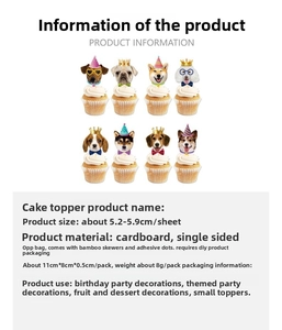 Detail showing various dog breed cake toppers with size specs and DIY assembly guide