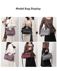 Detail view of textured leather tote in purple, black, grey and burgundy on a model