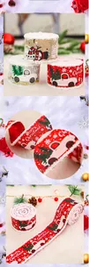 Detailed view of Christmas burlap ribbons with snowman and vintage truck patterns