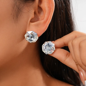 Geometric Multifaceted Glass Stud Earrings With 925 Sterling Silver Earring Post Hexagon Blue Fashion Jewelry For Women
