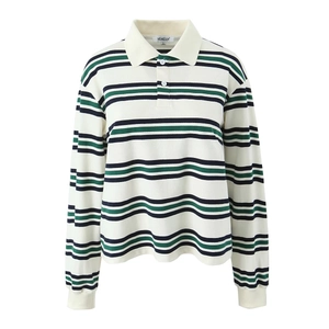 Close-up of a striped long sleeve polo shirt showing collar detail and fabric texture