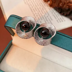 Twisted Spiral Stud Earrings Alloy With Silver Earring Post Black Round Bead Fashion Niche Design For Women