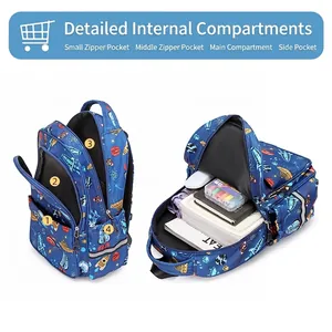 Navy blue space print school bag for boys with four organized zipper compartments