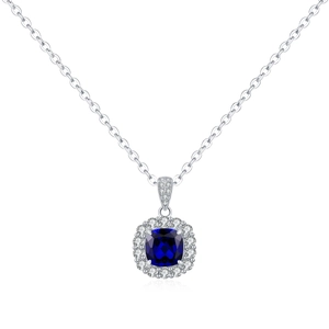 Collana in argento sterling S925 con pendente in zaffiro quadrato e design halo