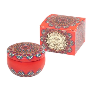 Scented candle in a red mandala metal jar with a matching ethnic style gift box