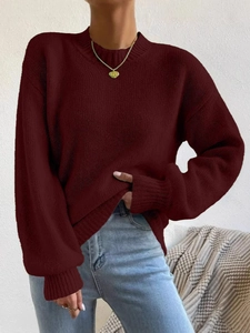 Burgundy crewneck knit sweater with drop shoulder and cozy oversized fit for women