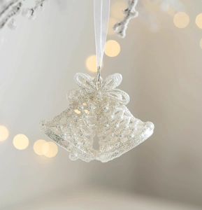 Sparkling silver glitter double bells ornament with ribbon for Christmas tree decoration