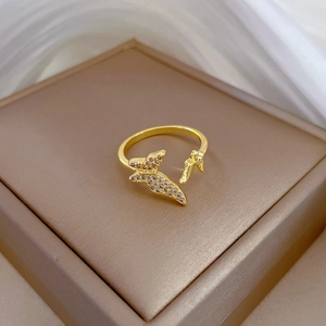 Elegant gold butterfly open ring with micro-pave zircon crystals on champagne box