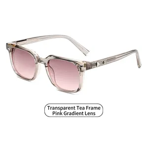 Stylish square sunglasses with tea-colored transparent frames and pink gradient lenses