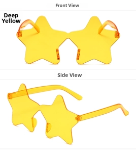 Front and side views of trendy yellow star-shaped rimless sunglasses for kids