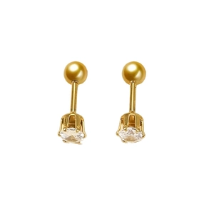 Symmetric pair of golden 316L stainless steel stud earrings with round AAA cubic zirconia