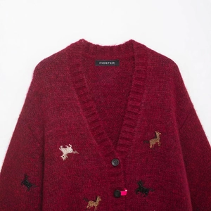 Burgundy v-neck knit cardigan with colorful pony embroidery and black round buttons