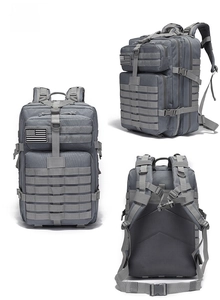 Front, side, and back views of a gray tactical nylon backpack with MOLLE system and USA flag