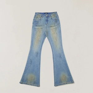 Retro hand-painted flared denim jeans with vintage distressed finish and wide leg style