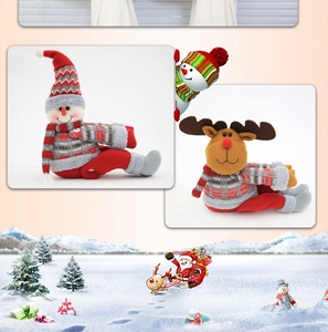 Detailed view of plush Christmas reindeer and snowman curtain buckles with knitted hats