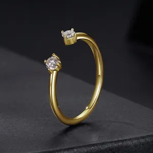 Minimalist S925 sterling silver open ring with gold plating and sparkling moissanite stones