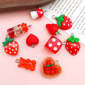 Red resin DIY pendant charms set including strawberry heart and mushroom shapes