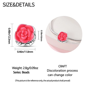 Detailed view of red rose charm with dimensions 12.3mm x 11.8mm and bracelet fitting