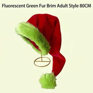 Detail of 80cm long red Christmas hat with neon green plush trim and top pom pom